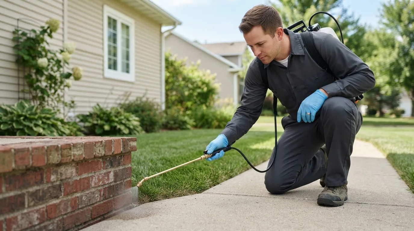 Pest control technician treating a home near Vida, MT